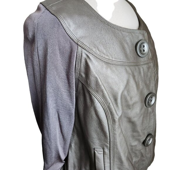 Nygard Jacket Pewter Leather Front Trim Collarless‎ Knit Back 3/4 Sleeves Size L - Picture 7 of 16